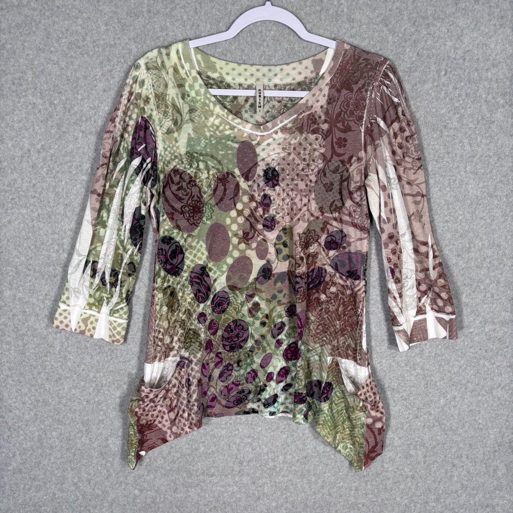 Cubism Artsy Abstract Top‎ Small Green Purple Mixed Print Pockets Art Teacher
